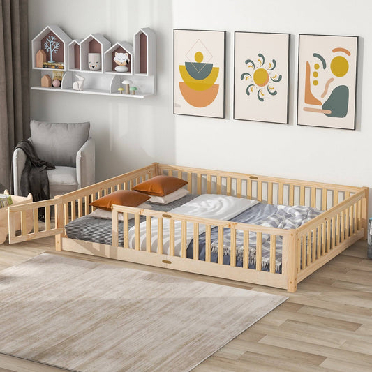 Twin Size Wood Floor Bed Frame With Fence And Door For Kids, Toddlers, Natural, Size: 79.5lx 41.8wx 17.5h, Beige