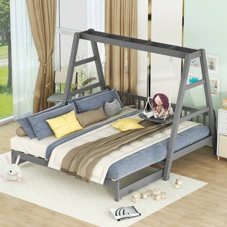 Twin Size Convertible Daybed With Swing And Ring Handles For Kids, Gray