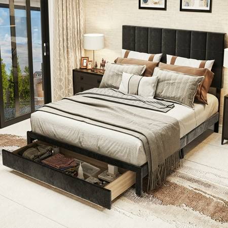 Upholstered Bed Frame, Platform Bed Frame With Storage Drawers, Queen Size Bed Frame Include Velvet Headboard Wingback And Strong Wood Slats