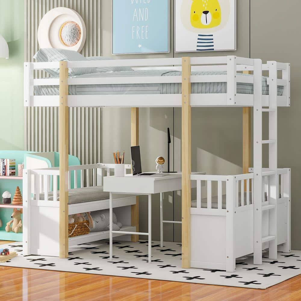 Wood Twin Size Loft Bed With 2 Seats, Storage And Built-In Ladder